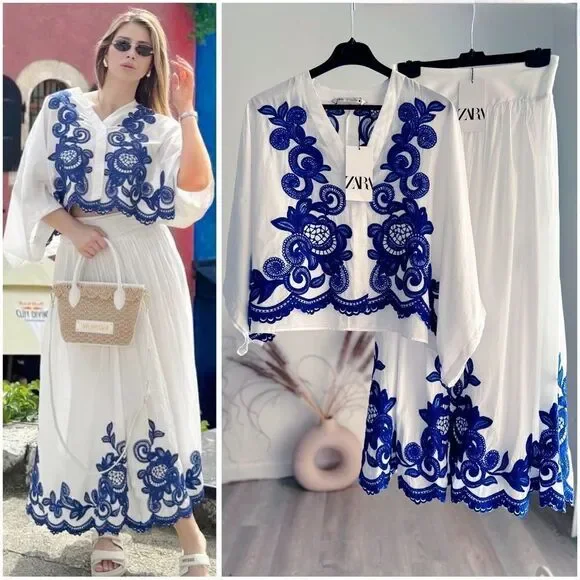 Zara Co-Ord Set Embroidered Blouse And Skirt - Picture 3 of 15